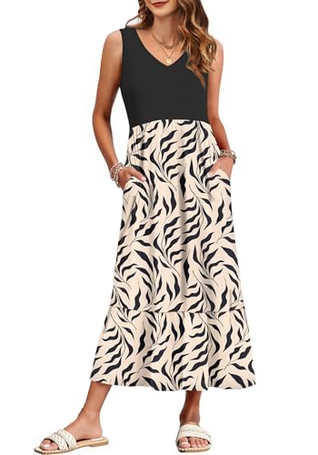 WNEEDU Damen Sommerkleider Lang Strandkleider V-Ausschnitt Maxikleider Ärmellos Empire Kleider mit Taschen Aprikose Schwarze Blume XL von WNEEDU