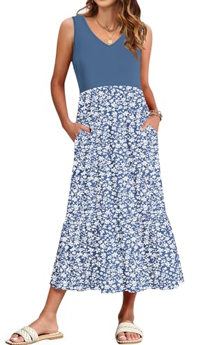 WNEEDU Damen Sommerkleider Lang Strandkleider V-Ausschnitt Maxikleider Ärmellos Empire Kleider mit Taschen Blume Graublau XL von WNEEDU