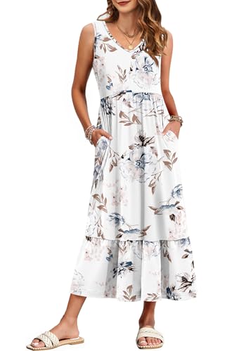 WNEEDU Damen Sommerkleider Lang Strandkleider V-Ausschnitt Maxikleider Ärmellos Empire Kleider mit Taschen Florales Weiß XXL von WNEEDU