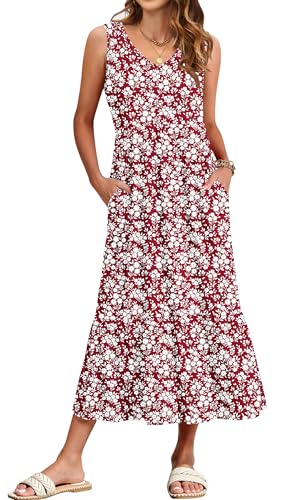 WNEEDU Damen Sommerkleider Lang Strandkleider V-Ausschnitt Maxikleider Ärmellos Empire Kleider mit Taschen Kleine Rote Blumen L von WNEEDU