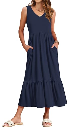WNEEDU Damen Sommerkleider Lang Strandkleider V-Ausschnitt Maxikleider Ärmellos Empire Kleider mit Taschen Marineblau XXL von WNEEDU