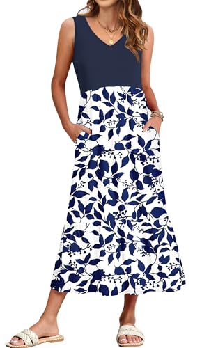 WNEEDU Damen Sommerkleider Lang Strandkleider V-Ausschnitt Maxikleider Ärmellos Empire Kleider mit Taschen Marineblaue Blätter XXL von WNEEDU