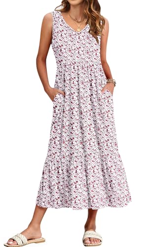 WNEEDU Damen Sommerkleider Lang Strandkleider V-Ausschnitt Maxikleider Ärmellos Empire Kleider mit Taschen Rosaweiße Blume S von WNEEDU