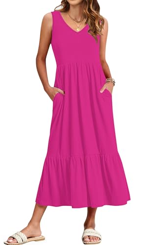 WNEEDU Damen Sommerkleider Lang Strandkleider V-Ausschnitt Maxikleider Ärmellos Empire Kleider mit Taschen Rosenrot S von WNEEDU