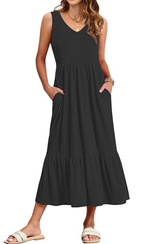 WNEEDU Damen Sommerkleider Lang Strandkleider V-Ausschnitt Maxikleider Ärmellos Empire Kleider mit Taschen Schwarz L von WNEEDU