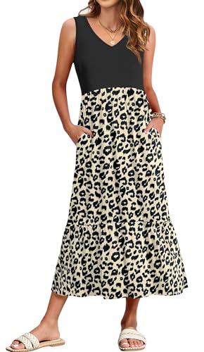WNEEDU Damen Sommerkleider Lang Strandkleider V-Ausschnitt Maxikleider Ärmellos Empire Kleider mit Taschen Schwarzer Leopard L von WNEEDU