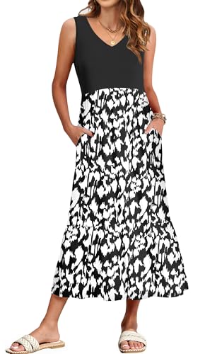 WNEEDU Damen Sommerkleider Lang Strandkleider V-Ausschnitt Maxikleider Ärmellos Empire Kleider mit Taschen Schwarzweiße Schatten XL von WNEEDU