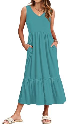 WNEEDU Damen Sommerkleider Lang Strandkleider V-Ausschnitt Maxikleider Ärmellos Empire Kleider mit Taschen Seegrün L von WNEEDU