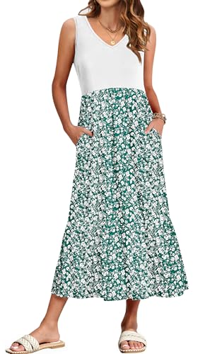 WNEEDU Damen Sommerkleider Lang Strandkleider V-Ausschnitt Maxikleider Ärmellos Empire Kleider mit Taschen Weißgrüne Blume XL von WNEEDU