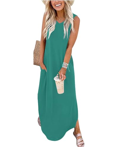 WNEEDU Damen Sommerkleider Lang Strandkleider V-Ausschnitt Maxikleider Ärmellos lose A-Linie Shirtkleider mit Taschen,Grüner See XXL von WNEEDU