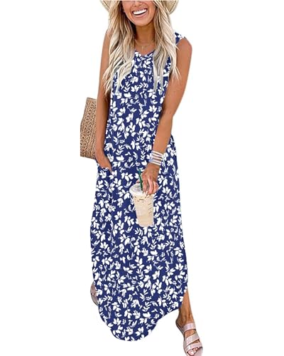 WNEEDU Damen Sommerkleider Lang V-Ausschnitt Strandkleider Ärmellos Freizeitkleid Lose Maxi Kleid mit Taschen,Blumenblau S von WNEEDU