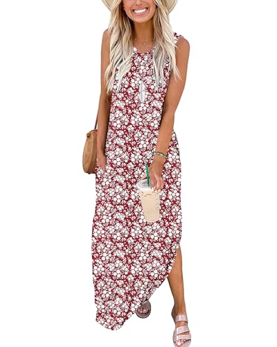 WNEEDU Damen Sommerkleider Lang V-Ausschnitt Strandkleider Ärmellos Freizeitkleid Lose Maxi Kleid mit Taschen von WNEEDU