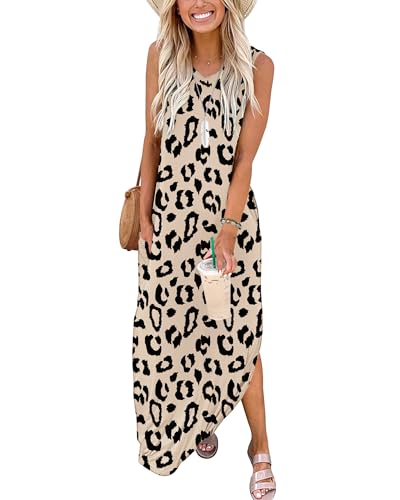 WNEEDU Damen Sommerkleider Lang V-Ausschnitt Strandkleider Ärmellos Freizeitkleid Lose Maxi Kleid mit Taschen von WNEEDU