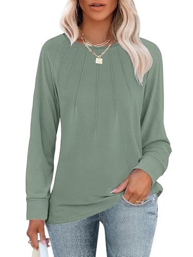 WNEEDU Damen Sweatshirt Langarm Rundhals Tops Lässig Locker Pullover Herbst Winter Langarmshirt Oberteile Sweater Grün M von WNEEDU