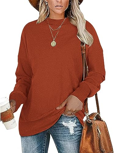 WNEEDU Langarmshirt Damen Pullover Rundhalsausschnitt Basic Sweatershirt Lässig Leichte Damenpullover Langarm Shirt Oberteil Tops Karamell XXL von WNEEDU