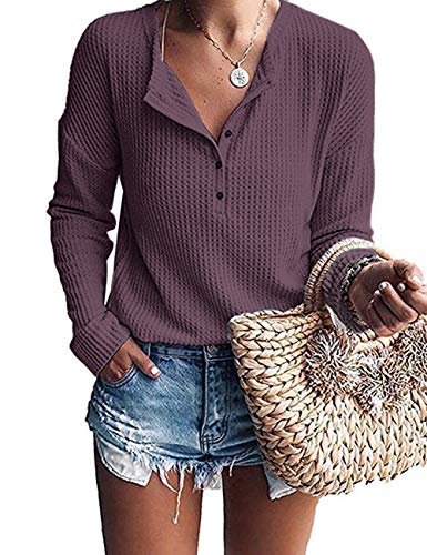 WNEEDU Langarmshirt Damen Pullover Waffelstrick Langarm Oversize T-Shirt Leichte Henley Shirt V-Ausschnitt mit Knöpfe von WNEEDU