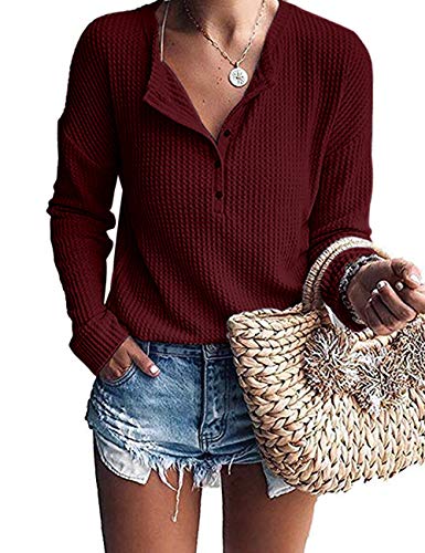 WNEEDU Langarmshirt Damen Pullover Waffelstrick Langarm Oversize T-Shirt Leichte Henley Shirt V-Ausschnitt mit Knöpfe von WNEEDU