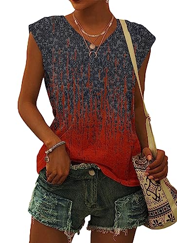 WNEEDU Damen T-Shirt Sommer Blusen Kurzarm Tshirt Leicht Lässig Luftig Sommer Tank Top mit Blumen Druck L von WNEEDU