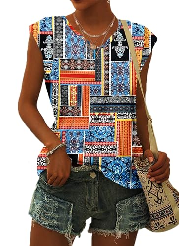 WNEEDU Damen T-Shirt Sommer Blusen Kurzarm Tshirt Leicht Lässig Luftig Sommer Tank Top mit Blumen Druck L von WNEEDU