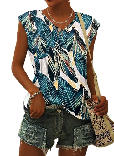 WNEEDU Damen T-Shirt Sommer Blusen Kurzarm Tshirt Leicht Lässig Luftig Sommer Tank Top mit Blumen Druck L von WNEEDU