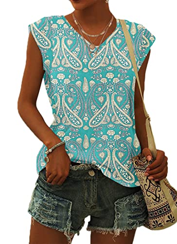 WNEEDU T Shirt Damen V Ausschnitt Cap Sleeve T-Shirt Tank Top Damen Sommer Casual Loose Fit Blusen Boho Grün XL von WNEEDU