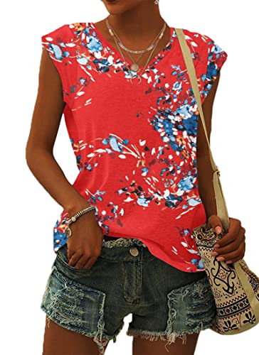 WNEEDU T-Shirt Damen Sommer V Ausschnitt Tank Top Locker Bluse Oberteile Top Sommer Damen Leicht und Luftig mit Flügelärmeln Floral Rot Blau L von WNEEDU