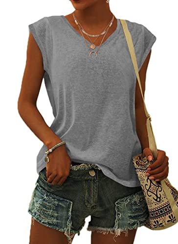 WNEEDU T Shirt Damen V Ausschnitt Cap Sleeve T-Shirt Tank Top Damen Sommer Casual Loose Fit Blusen Grau XL von WNEEDU