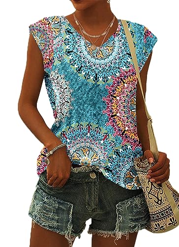 WNEEDU T Shirt Damen V Ausschnitt Cap Sleeve T-Shirt Tank Top Damen Sommer Casual Loose Fit Blusen Blumen Grün XL von WNEEDU