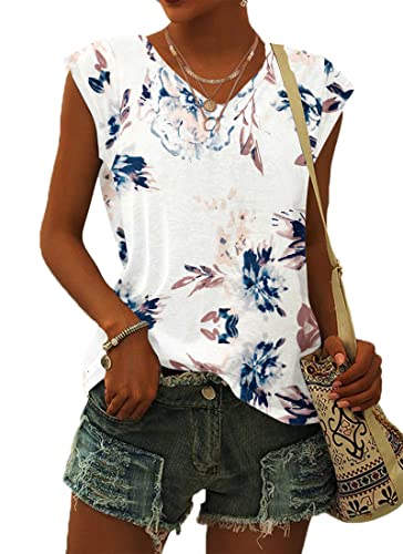 WNEEDU Sommer T Shirt für Damen V Ausschnitt Tanktops Loose Fit Sommerblusen Kurzarm Luftig Weiße Blume M von WNEEDU