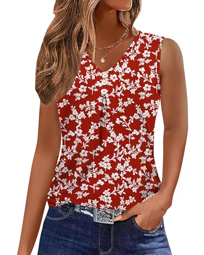 WNEEDU Damen Tank Top Ärmellos Oberte Sommer Tanktops Rote Weiße Blumen XL von WNEEDU