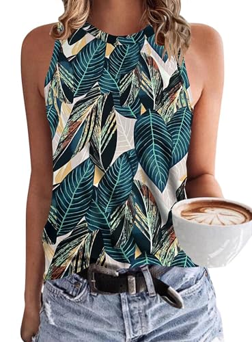 WNEEDU Damen Tank Top Ärmellos - Oberteile Sommer Tanktops Rundhals Blusentop Vest Top Bluse Basic Blatt drucken 2XL von WNEEDU
