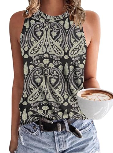 WNEEDU Damen Tank Top Ärmellos - Oberteile Sommer Tanktops Rundhals Blusentop Vest Top Bluse Basic Boho Floral Schwarz S von WNEEDU