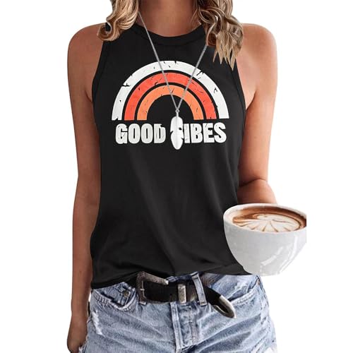 WNEEDU Damen Tank Top Ärmellos - Oberteile Sommer Tanktops Rundhals Blusentop Vest Top Bluse Basic Druck Regenbogen Schwarz S von WNEEDU