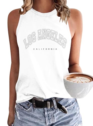 WNEEDU Damen Tank Top Ärmellos - Oberteile Sommer Tanktops Rundhals Blusentop Vest Top Bluse Basic Weiß Los Angeles S von WNEEDU
