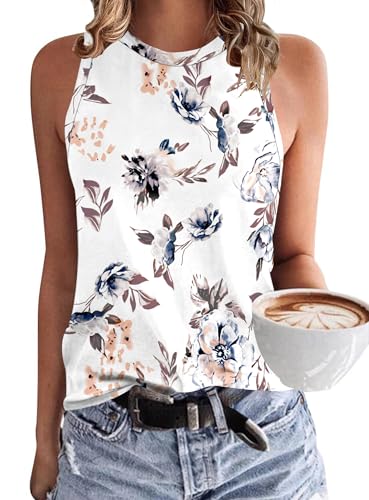 WNEEDU Damen Tank Top Ärmellos - Oberteile Sommer Tanktops Rundhals Blusentop Vest Top Bluse Basic Weiße Blume M von WNEEDU