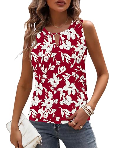 WNEEDU Damen Tank Top Sommer Ärmellos V-Ausschnitt Oberteile Rote Weiße Blumen L von WNEEDU