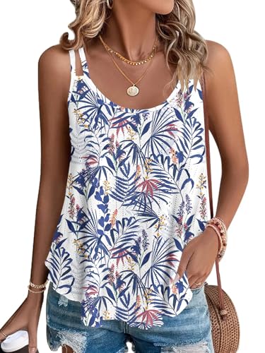 WNEEDU Damen Tank Tops Sommer Spaghetti Cami Oberteile Ärmellose Rundhalsausschnitt Blusen Top Shirts Blume Blau Blatt M von WNEEDU