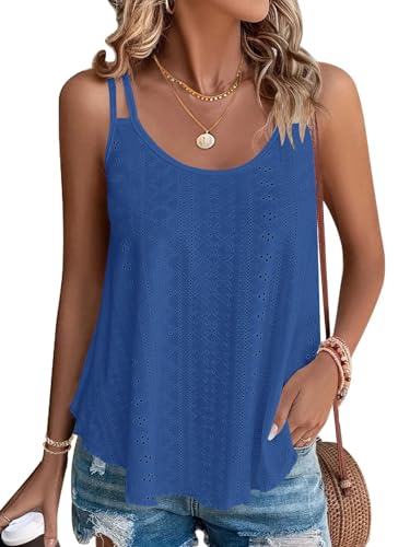 WNEEDU Damen Tank Top Sommer Spaghetti Cami Oberteile Ärmellose Rundhalsausschnitt Shirt Blusen Tops Dunkelblau M von WNEEDU