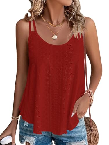 WNEEDU Damen Tank Top Sommer Spaghetti Cami Oberteile Ärmellose Rundhalsausschnitt Shirt Blusen Tops Rot 2XL von WNEEDU