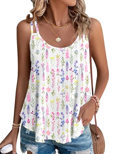 WNEEDU Damen Tank Tops Sommer Spaghetti Cami Oberteile Ärmellose Rundhalsausschnitt Blusen Top Shirts Vertikale Blume L von WNEEDU