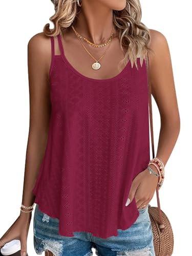 WNEEDU Damen Tank Top Sommer Spaghetti Cami Oberteile Ärmellose Rundhalsausschnitt Shirt Blusen Tops Weinrot S von WNEEDU