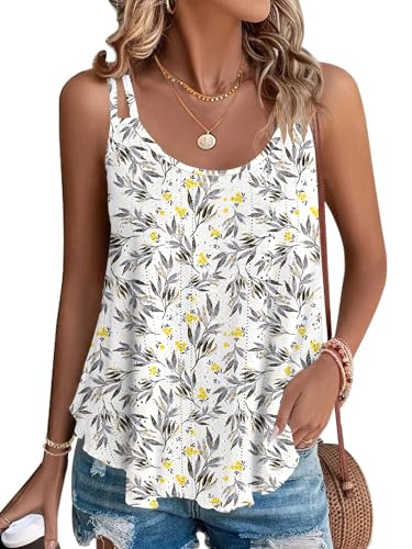 WNEEDU Damen Tank Tops Sommer Spaghetti Cami Oberteile Ärmellose Rundhalsausschnitt Blusen Top Shirts Weiße Gelbe Blume M von WNEEDU