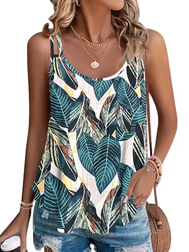 WNEEDU Damen Tank Tops Sommer Spaghetti Cami Oberteile Ärmellose Rundhalsausschnitt Blusen Top Shirts Blattdruck M von WNEEDU