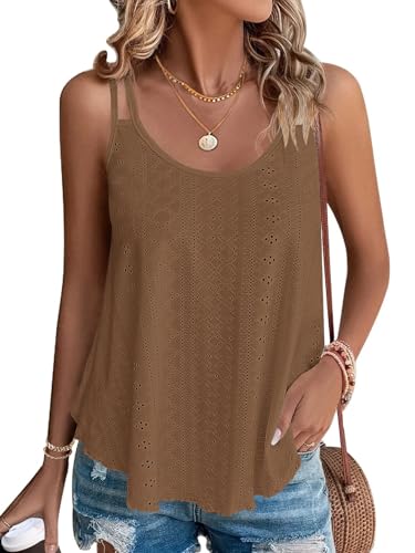 WNEEDU Damen Tank Tops Sommer Spaghetti Cami Oberteile Ärmellose Rundhalsausschnitt Blusen Top Shirts Braun L von WNEEDU