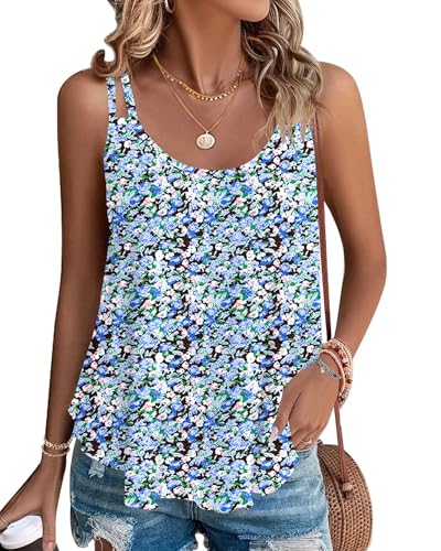 WNEEDU Damen Tank Tops Sommer Spaghetti Cami Oberteile Ärmellose Rundhalsausschnitt Blusen Top Shirts Floral Meeresblau L von WNEEDU