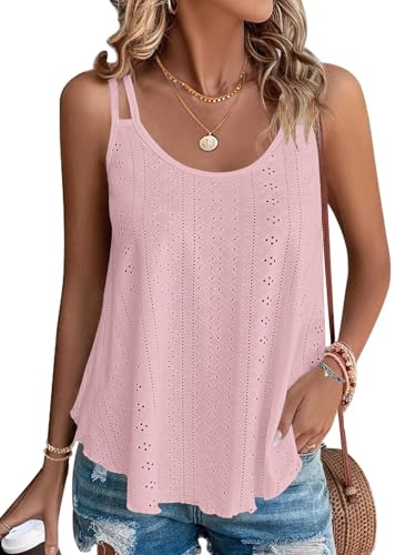 WNEEDU Damen Tank Tops Sommer Spaghetti Cami Oberteile Ärmellose Rundhalsausschnitt Blusen Top Shirts Helles Rosa L von WNEEDU