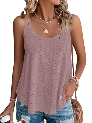 WNEEDU Damen Tank Tops Sommer Spaghetti Cami Oberteile Ärmellose Rundhalsausschnitt Blusen Top Shirts Rosa L von WNEEDU