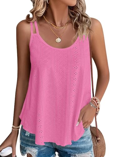 WNEEDU Damen Tank Tops Sommer Spaghetti Cami Oberteile Ärmellose Rundhalsausschnitt Blusen Top Shirts Rosa Rot XL von WNEEDU