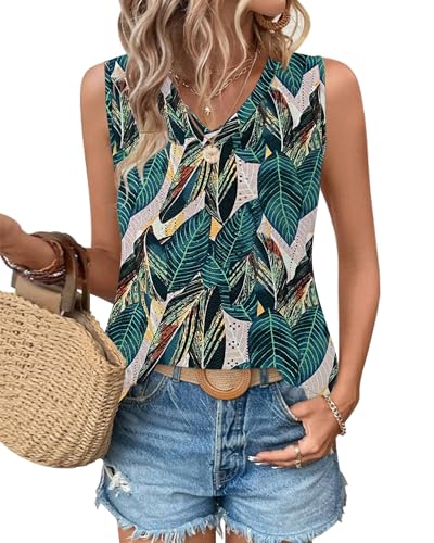 WNEEDU Damen Tanks Tops Sommer V-Ausschnitt ärmellos locker Cami Oberteil mit Eyelet-Stickerei und Seiten-Splits Oberteile Shirts Top Blattdruck M von WNEEDU