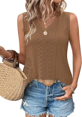 WNEEDU Damen Tanks Tops Sommer V-Ausschnitt ärmellos locker Cami Oberteil mit Eyelet-Stickerei und Seiten-Splits Oberteile Shirts Top Braun XL von WNEEDU